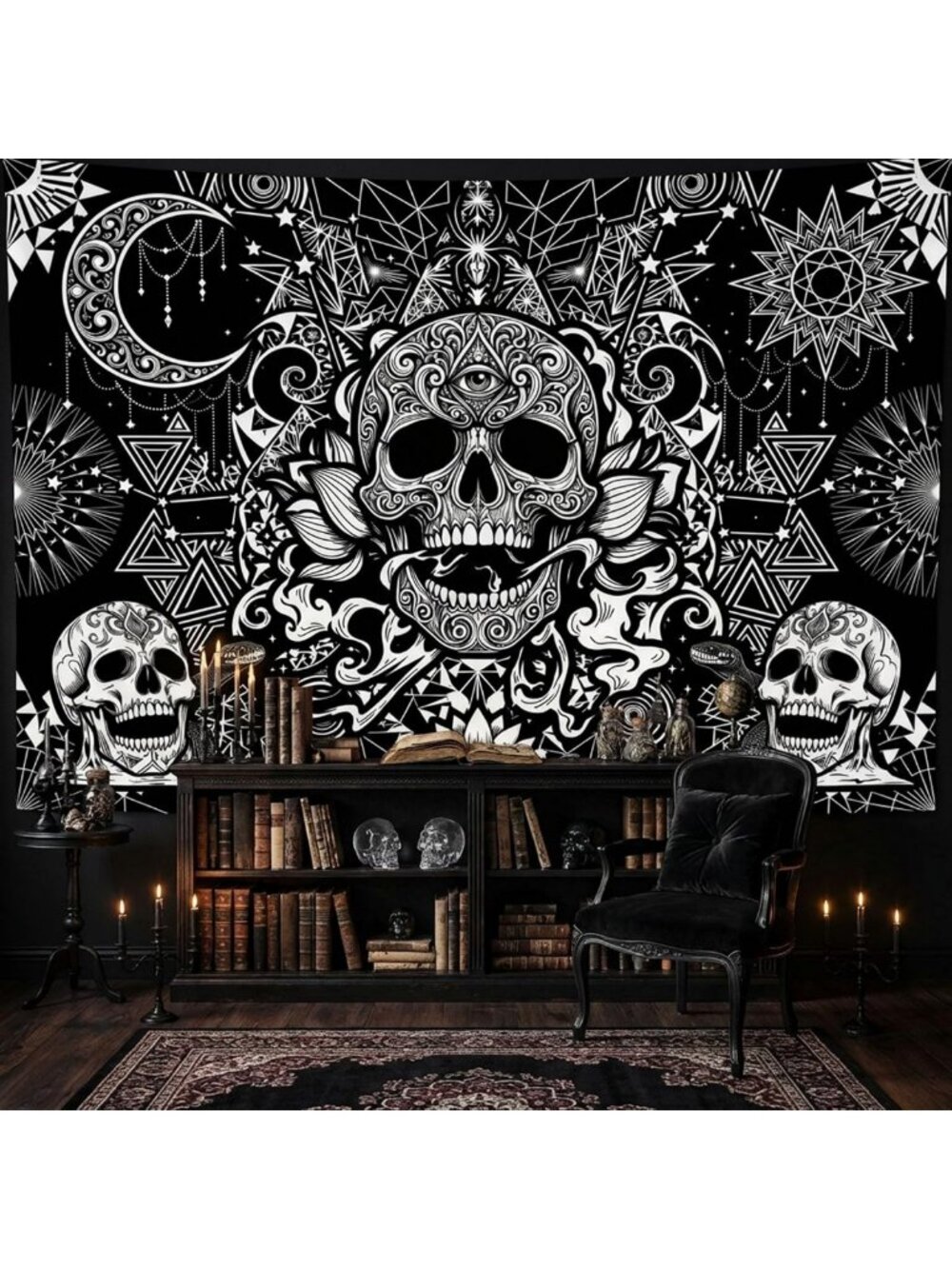 Gothic Skull & Moon Wall Tapestry | Black & White Graphic Art for Bedroom Decor